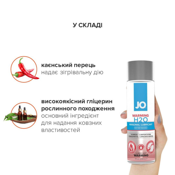 Зігрівальна змазка на водній основі System JO H2O WARMING (240 мл) з екстрактом перцевої м’яти Зігрівальна змазка на водній основі System JO H2O WARMING (240 мл) з екстрактом перцевої м’яти