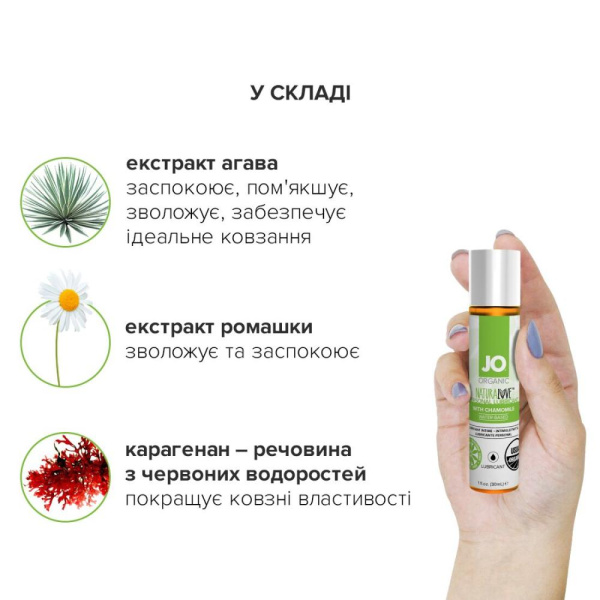 Смазка на водной основе System JO NATURALOVE - ORGANIC (30 мл) с экстрактом листьев агавы и ромашки Смазка на водной основе System JO NATURALOVE - ORGANIC (30 мл) с экстрактом листьев агавы и ромашки